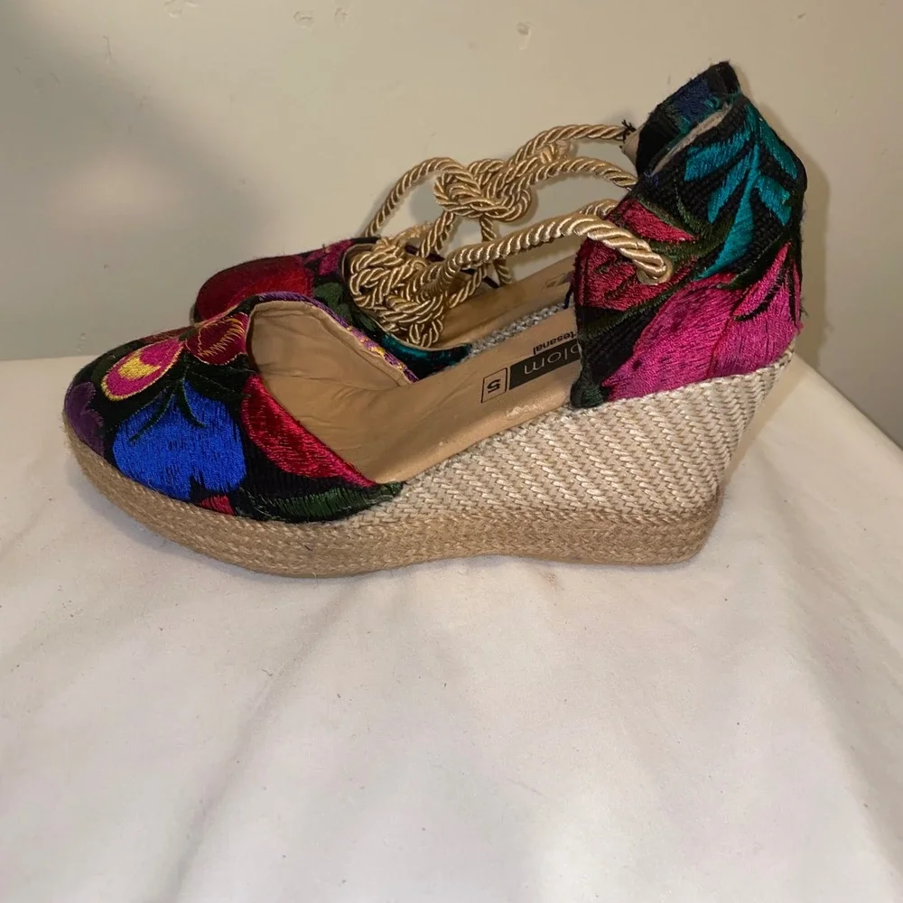 Ikal Bolom Floral Embroidered Espadrille Wedge Sandals Lace Up Ankle Ties Size 5